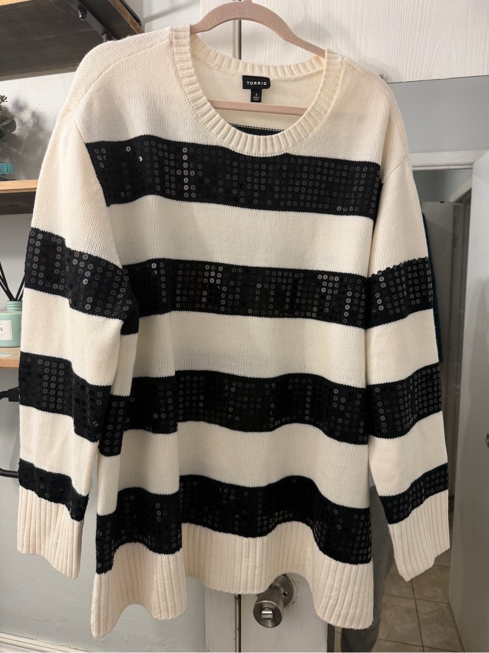 torrid Cream and Black Sequin Stripe Knit Sweater